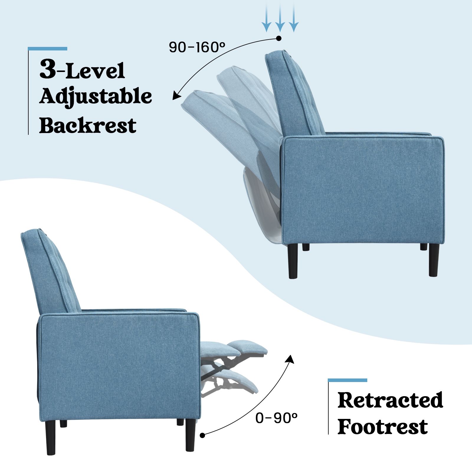3-Position Adjustable Sofa Chair Leisure Seat with Extendable Footrest - Blue